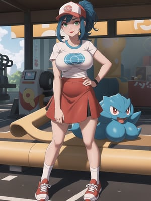 (A beautiful Pokemon trainer and 1Pokemon), wearing a white t-shirt with a PokeBall design, and a red skirt with white stripes. She wears white spandex socks and black sneakers. She has gigantic breasts and blue hair. Her hair is tied in a ponytail, it is short and she wears a cap. The fringe of her hair covers her eyes. She is looking directly at the viewer. She is in a Pokemon Center, which is full of moving machines, Pokémon, windows, and large structures.. (She is striking a sensual pose, leaning on anything or object, resting and leaning against herself over it), perfect, ((full body)), (pokemon), UHD, best possible quality, ultra detailed, best possible resolution, Unreal Engine 5, professional photography, perfect hand, fingers, hand, perfect, More detail.