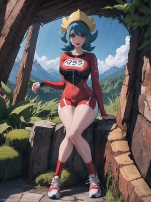 A woman, a Pokémon trainer, is wearing a runner's outfit, a white lycra shirt with red sleeves and a pokéball emblem in the center of the shirt. She is wearing red lycra shorts and white sneakers, and is wearing a runner's helmet on her head. Her breasts are absurdly gigantic. She has short, blue hair in the Chanel style, with a very long fringe covering her left eye. She is looking directly at the viewer. The woman is in a forest in the mountains at night, raining heavily, with many trees, tree trunks, a waterfall, and many large rocks. Many Pokémon of different types and colors are around her, (a woman is striking a sensual pose, interacting and leaning on any available object/structure in the scene), maximum sharpness, UHD, 16K, anime style, best possible quality, ultra detailed, best possible resolution,  Unreal Engine 5, ((full body)), professional photography, perfect_thighs, perfect_legs, perfect_feet, perfect hand, fingers, hand, perfect, better_hands, ((pokémon)), more detail