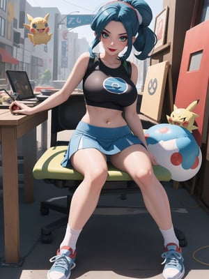 A beautiful Pokemon trainer and (1Pokemon), wearing a white t-shirt with a PokeBall design, and a red skirt with white stripes. She wears white spandex socks and black sneakers. She has gigantic breasts and blue hair. Her hair is tied in a ponytail, it is short and she wears a cap. The fringe of her hair covers her eyes. She is looking directly at the viewer. She is in a Pokemon Center, which is full of moving machines, Pokémon, windows, and large structures. ((full body)), (She is striking a sensual pose, leaning on anything or object, resting and leaning against herself over it), perfect, pokemon, UHD, best possible quality, ultra detailed, best possible resolution, Unreal Engine 5, professional photography, perfect hand, fingers, hand, perfect, More detail.