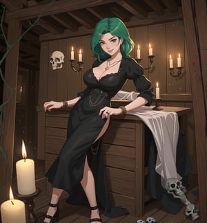 A masterpiece of digital art in the styles of Adventure, Fantasy, Horror, Mystery, and Supernatural. | Yumi, a 25-year-old woman, wears a black maid outfit with white details. The outfit has an elegant and modern cut, highlighting her smooth curves. She also wears a pair of silver earrings with star-shaped pendants, a gold necklace with a heart-shaped pendant, red leather bracelets on her hands, and a silver ring with a small emerald on her right hand. Her green hair falls in soft, voluminous waves, framing her pretty face. Her red eyes shine with a seductive and mysterious gleam as she smiles at the viewer, showing her bright, white teeth and lips painted in a light shade of pink. She is in a macabre house, striking a provocative pose. The location is dark, with wooden structures and cracked walls, candles, bones, and skulls scattered on the ground. The dim light of the candles creates mysterious and unsettling shadows in the scene, highlighting Yumi's beauty and mystery. | (((((The image reveals a full-body shot as she assumes a sensual pose, seductively leaning against a wooden structure within the house in an exciting manner. She takes on a sensual pose as she interacts, boldly arching her back and biting her lip in a tantalizing way.))))). | ((full-body shot)), ((perfect pose)), ((perfect fingers, better hands, perfect hands)), ((perfect legs, perfect feet)), ((huge breasts, big natural breasts, sagging breasts)), ((perfect design)), ((perfect composition)), ((very detailed scene, very detailed background, perfect layout, correct imperfections)), More Detail, Enhance, 