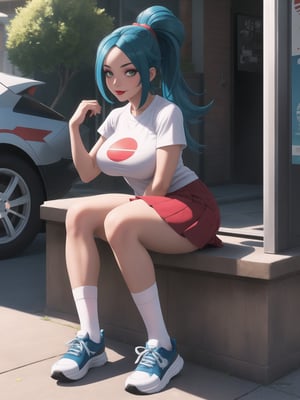 A beautiful Pokemon trainer and (1Pokemon), wearing a white t-shirt with a PokeBall design, and a red skirt with white stripes. She wears white spandex socks and black sneakers. She has gigantic breasts and blue hair. Her hair is tied in a ponytail, it is short and she wears a cap. The fringe of her hair covers her eyes. She is looking directly at the viewer. She is in a Pokemon Center, which is full of moving machines, Pokémon, windows, and large structures.. (She is striking a sensual pose, leaning on anything or object, resting and leaning against herself over it), (((full body))), perfect, (pokemon), UHD, best possible quality, ultra detailed, best possible resolution, Unreal Engine 5, professional photography, perfect hand, fingers, hand, perfect, More detail.