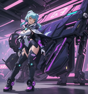 An ultra-detailed 16K masterpiece with cyberpunk and anime styles, rendered in ultra-high resolution with graphic detail. | A young 25-year-old woman is dressed in a silver-colored mecha suit with electric blue details. The costume features rugged armor, a hooded cape, tall boots, and gloves with retractable claws. She has short pink hair, with big bangs, two long pigtails and luminous barrettes. She has yellow eyes, is looking at the viewer, while ((smiling, showing her teeth)). She is in a futuristic laboratory, surrounded by futuristic structures, metal structures and high-tech computers. Blue and violet neon lighting casts complex shadows across the room. | The scene highlights the powerful and chic figure of the young woman, contrasting with the cold and technological environment of the laboratory. The details of the mecha suit and neon lights are highlighted by the complex shadows. | Colorful neon lighting effects and complex shadows create a futuristic and lively atmosphere, while detailed textures on the costume and skin add realism to the image. | A dynamic, lively scene of a young woman in the mecha suit in a futuristic laboratory, exploring themes of technology, power and style. | (((((The image reveals a full-body shot as she strikes a sensual pose, engagingly leaning against a structure within the scene in a thrilling manner. As she leans back, she assumes a sensual pose, leaning against the structure and reclining in an exciting way.))))). | ((full-body shot)), ((perfect pose)), ((perfect fingers, better hands, perfect hands)), ((perfect legs, perfect feet)), ((huge breasts)), ((perfect design)), ((perfect composition)), ((very detailed scene, very detailed background, perfect layout, correct imperfections)), More Detail, Enhance