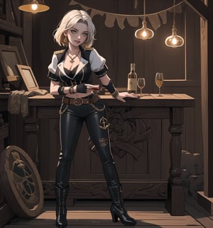 A masterpiece of adventure, fantasy, pirate, romance, and supernatural themes rendered in ultra-high resolution with graphic details. | A beautiful and sensual 28-year-old woman named Scarlett is wearing a sexy Pirate costume consisting of a short-sleeved white shirt with black details, fitted black fabric pants with white details, a leather belt with a silver anchor-shaped buckle, black high-heeled boots with white details, and black fabric gloves. She also has accessories such as a pair of silver starfish-shaped earrings, a gold necklace with an anchor-shaped pendant, leather and bead bracelets on her hands, and a silver ring with a small ruby on her right hand. Her short and messy blonde hair has a modern and stylish cut. Her green eyes are looking at the viewer with a seductive expression, as she smiles with her mouth open, showing her teeth and wearing red lipstick. She is standing on the ground, in a pirate house, with wooden structures, candles, antique maps, a bottle of rum, and a sword. | The image highlights Scarlett's imposing and sensual figure, her curves, and the accessories she wears. The warm and soft lighting of the scene enhances the details of the setting and creates dramatic shadows. | Soft and dark lighting effects create a sensual and mysterious atmosphere, while detailed textures on the skin, fabrics, and structures add realism to the image. | A sensual and romantic scene of a beautiful woman wearing a sexy Pirate costume in a pirate house, exploring themes of adventure, desire, seduction, and fantasy. | (((((The image reveals a full-body shot as she assumes a sensual pose, engagingly leaning against a structure within the scene in an exciting manner. She takes on a relaxed pose as she interacts, boldly leaning on a structure, leaning back in an exciting way))))). | ((full-body shot)), ((perfect body)), ((perfect pose)), ((perfect fingers, better hands, perfect hands)), ((perfect legs, perfect feet)), ((huge breasts, big natural breasts, sagging breasts)), ((perfect design)), ((perfect composition)), ((very detailed scene, very detailed background, perfect layout, correct imperfections)), ((More Detail, Enhance)),