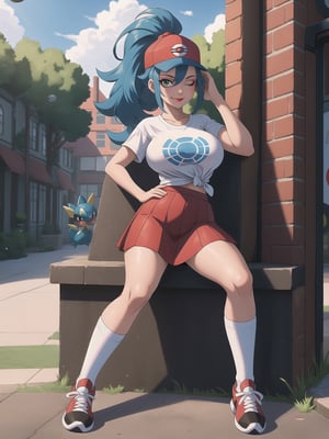 A beautiful Pokemon trainer, wearing a white t-shirt with a PokeBall design, and a red skirt with white stripes. She wears white spandex socks and black sneakers. She has gigantic breasts and blue hair. Her hair is tied in a ponytail, it is short and she wears a cap. The fringe of her hair covers her eyes. She is looking directly at the viewer. She is in a Pokemon Center, which is full of moving machines, ((Pokemons)), windows, and large structures.. (She is striking a sensual pose, leaning on anything or object, resting and leaning against herself over it), perfect, ((full body)), UHD, best possible quality, ultra detailed, best possible resolution, Unreal Engine 5, professional photography, (pokemon), perfect hand, fingers, hand, perfect, More detail.