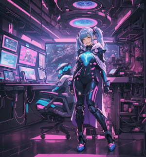 An ultra-detailed 16K masterpiece with cyberpunk and anime styles, rendered in ultra-high resolution with graphic detail. | A young 25-year-old woman is dressed in a silver-colored mecha suit with electric blue details. The costume features rugged armor, a hooded cape, tall boots, and gloves with retractable claws. She has short pink hair, with big bangs, two long pigtails and luminous barrettes. She has yellow eyes, is looking at the viewer, while ((smiling, showing her teeth)). She is in a futuristic laboratory, surrounded by futuristic structures, metal structures and high-tech computers. Blue and violet neon lighting casts complex shadows across the room. | The scene highlights the powerful and chic figure of the young woman, contrasting with the cold and technological environment of the laboratory. The details of the mecha suit and neon lights are highlighted by the complex shadows. | Colorful neon lighting effects and complex shadows create a futuristic and lively atmosphere, while detailed textures on the costume and skin add realism to the image. | A dynamic, lively scene of a young woman in the mecha suit in a futuristic laboratory, exploring themes of technology, power and style. | (((((The image reveals a full-body shot as she strikes a sensual pose, engagingly leaning against a structure within the scene in a thrilling manner. As she leans back, she assumes a sensual pose, leaning against the structure and reclining in an exciting way.))))). | ((full-body shot)), ((perfect pose)), ((perfect fingers, better hands, perfect hands)), ((perfect legs, perfect feet)), ((huge breasts)), ((perfect design)), ((perfect composition)), ((very detailed scene, very detailed background, perfect layout, correct imperfections)), More Detail, Enhance