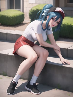 A beautiful Pokemon trainer, wearing a white t-shirt with a PokeBall design, and a red skirt with white stripes. She wears white spandex socks and black sneakers. She has gigantic breasts and blue hair. Her hair is tied in a ponytail, it is short and she wears a cap. The fringe of her hair covers her eyes. She is looking directly at the viewer. She is in a Pokemon Center, which is full of moving machines, Pokemon, windows, and large structures.. (She is striking a sensual pose, leaning on anything or object, resting and leaning against herself over it), perfect, ((full body)), UHD, best possible quality, ultra detailed, best possible resolution, Unreal Engine 5, professional photography, (pokemon), perfect hand, fingers, hand, perfect, More detail.