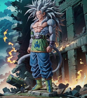 ((Masterpiece in full 8K resolution, style inspired by Dragon Ball Super, with an emphasis on sharp details, vibrant colors, special effects and CGI techniques.)) | Goku, the legendary Saiyan warrior, is transformed into a powerful Super Saiyan 5. His once black hair is now long and silver, billowing around him like blazing flames. His eyes, previously brown, now shine with an intense green light, while a macabre smile forms on his face. His muscular and agile body is covered in white and blue clothing, with a golden belt and bracelets. Around him, a fiery green aura envelops him, symbolizing his tremendous power. | The setting is an abandoned and completely destroyed building, with wooden structures, altars and broken pillars scattered across the floor. The night is dark and rainy, with lightning lighting up the sky and creating dramatic shadows. Goku is standing amidst the ruins, with his arms crossed and looking directly at the viewer with a confident and menacing expression. | Dynamic composition with emphasis on Goku's powerful pose and the movement of his hair and aura. | With dramatic lighting and elements such as sparkles, soft lighting and sharp shadows, the scene gains life and dynamism. | Scene of Goku transformed into Super Saiyan 5 in Dragon Ball Super style with CGI techniques, in an abandoned and rainy building. | {The camera is positioned very close to Goku, revealing his entire body as he assumes a heroic pose, interacting with the structure of the ruined building in an exciting way.} | Goku takes a (((heroic pose as he interacts, boldly boldly leaning on a structure, leaning back in an exciting way))), (((((full-body_image))))), ((perfect_pose, perfect_anatomy, perfect_body)), ((perfect_hand, perfect_hands, better_hands)1.0), ((More Detail, ultra_detailed, Enhance))