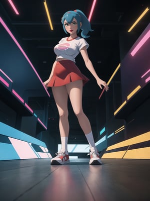 A beautiful Pokémon trainer, wearing a white t-shirt with a Poké Ball design, and a red skirt with white stripes. She wears white spandex socks and black sneakers. She has gigantic breasts and blue hair. Her hair is tied in a ponytail, it is short and she wears a cap. The fringe of her hair covers her eyes. She is looking directly at the viewer. She is in a Pokémon Center, which is full of moving machines, Pokémon, windows, and large structures.. (She is striking a sensual pose, leaning on anything or object, resting and leaning against herself over it), ((full body)), (pokemon), UHD, best possible quality, ultra detailed, best possible resolution, Unreal Engine 5, professional photography, perfect hand, fingers, hand, perfect, More detail.