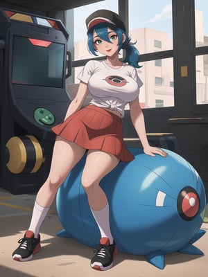 A beautiful Pokemon trainer, wearing a white t-shirt with a PokeBall design, and a red skirt with white stripes. She wears white spandex socks and black sneakers. She has gigantic breasts and blue hair. Her hair is tied in a ponytail, it is short and she wears a cap. The fringe of her hair covers her eyes. She is looking directly at the viewer. She is in a Pokemon Center, which is full of moving machines, Pokemon, windows, and large structures.. (She is striking a sensual pose, leaning on anything or object, resting and leaning against herself over it), perfect, ((full body, pokemon)), UHD, best possible quality, ultra detailed, best possible resolution, Unreal Engine 5, professional photography, perfect hand, fingers, hand, perfect, More detail.