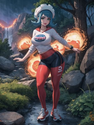 A woman, a Pokémon trainer, is wearing a runner's outfit, a white lycra shirt with red sleeves and a pokéball emblem in the center of the shirt. She is wearing red lycra shorts and white sneakers, and is wearing a runner's helmet on her head. Her breasts are absurdly gigantic. She has short, blue hair in the Chanel style, with a very long fringe covering her left eye. She is looking directly at the viewer. The woman is in a forest in the mountains at night, raining heavily, with many trees, tree trunks, a waterfall, and many large rocks. Many Pokémons of different types and colors are around her, (a woman is striking a sensual pose, interacting and leaning on any available object/structure in the scene), maximum sharpness, UHD, Fullhd, 16K, anime style, best possible quality, ultra detailed, best possible resolution,  Unreal Engine 5, ((full body)), professional photography, perfect_thighs, perfect_legs, perfect_feet, perfect hand, fingers, hand, perfect, better_hands, ((pokémon)), more detail