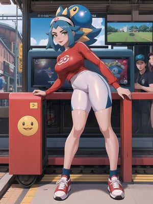 A woman, a Pokémon trainer, is wearing a runner's outfit, a white lycra shirt with red sleeves and a pokéball emblem in the center of the shirt. She is wearing red lycra shorts and white sneakers, and is wearing a runner's helmet on her head. Her breasts are absurdly gigantic. She has short, blue hair in the Chanel style, with a very long fringe covering her left eye. She is looking directly at the viewer. The woman is at a train station with many structures, television advertising panels, and drink machines. Many Pokémon of different types and colors are around her, (a woman is striking a sensual pose, interacting and leaning on any available object/structure in the scene), maximum sharpness, UHD, 16K, anime style, best possible quality, ultra detailed, best possible resolution, (full body:1.5), Unreal Engine 5, professional photography, perfect_thighs, perfect_legs, perfect_feet, perfect hand, fingers, hand, perfect, better_hands, (pokémon), more detail