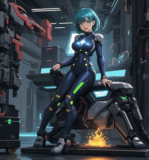 A masterpiece of digital art in Adventure, Sci-Fi, Cyberpunk and Mecha styles. | Akira, a 28-year-old woman, wears a silver and blue mecha suit, with neon green details. The costume is form-fitting and has several moving parts, highlighting his athletic and muscular figure. She also wears a pair of silver earrings with gear-shaped pendants, a stainless steel necklace with a triangle-shaped pendant, black leather bracelets on her hands, and a titanium ring with a small green crystal on her left hand. Her short, shaggy blue hair is styled in a way that highlights her sensual features. Her green eyes shine with confidence and intelligence as she ((smiles)) at the viewer, showing off her bright white teeth and dark purple painted lips. She is in an ultra-technological laboratory, striking a confident and powerful pose. The place is lit by bright LED lights, with technological and metallic structures, machines, robots and high-tech equipment spread across the floor. The atmosphere is electric and full of energy, with Akira at the center of it all, ready to take on any challenge. | (((((The image reveals a full-body shot as she assumes a sensual pose, engagingly leaning against a structure within the scene in an exciting manner. She takes on a sensual pose as she interacts, boldly leaning on a structure, leaning back in an exciting way.))))). | ((full-body shot)), ((perfect pose)), ((perfect fingers, better hands, perfect hands)), ((perfect legs, perfect feet)), ((huge breasts, big natural breasts, sagging breasts)), ((perfect design)), ((perfect composition)), ((very detailed scene, very detailed background, perfect layout, correct imperfections)), More Detail, Enhance