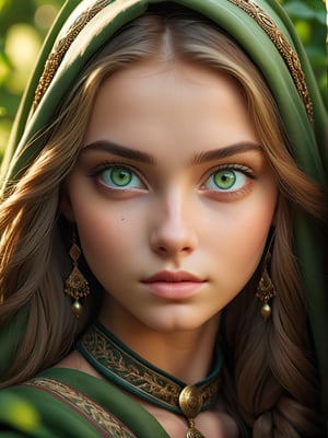 cinematic photo Portrait of a divinely beautiful, gorgeous, stunning, cute, Ukrainian teen girl with striking green eyes in the war . The luminosity of her green eyes is the focal point, contrasting with the earthy tones of her attire. Influenced by the realistic styles of classic portrait artists, with a focus on intricate detailing and natural lighting . The end result should be a high-resolution portrait capturing her cultural essence and the vividness of her eyes, 35mm photograph, film, bokeh, professional, 4k, highly detailed