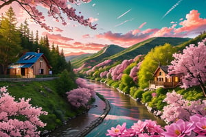 A river cutting through a valley with trees on both sides, many colorful flowers, in the background a small house and the sky with strong pink and bluish tones.