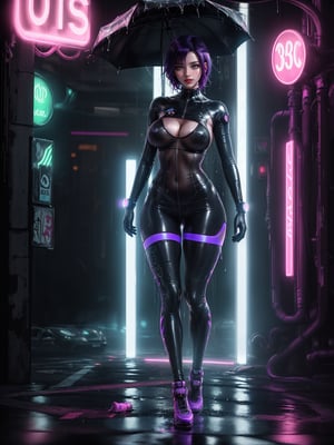 ((Full body):2) {((30 year old woman only):2)}:{((wearing black cyberpunk costume with neon lights extremely tight and tight-fitting, see-through costume):1.5), (( extremely large breasts):1.5), only she has ((very short purple hair, green eyes):1.5), ((looking at viewer, maniacal smile):1.5), She has ((body/suit all soaked of water):1.4) she is doing ((erotic pose):1.5)}; {Background:In a futuristic city raining heavily, she is in front of a(futuristic car traffic):1.5)}, Hyperrealism, 16k, ((best quality, high details):1.4), anatomically correct, masterpiece , UHD