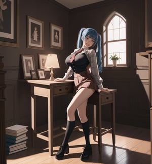 A 16K ultra-detailed masterpiece in realistic and adventure styles, rendered in ultra-high resolution with graphic details. | Aya, a 23-year-old young woman with enormous breasts, wearing a school uniform including a plaid skirt, a white blouse, knee-high socks, black shoes, and a tie. Long blue hair with two pigtails secured with metallic clips. Red eyes, looking at the viewer, smiling and showing teeth, wearing red lipstick and rosy cheeks. Located in a room with walls decorated with posters, an unmade bed, a study table with books and notebooks, and personal items scattered around. Natural light from the window illuminates the scene, highlighting the typical disorder of a gothic room. | The image emphasizes Aya's imposing figure and the architectural elements of the room. The rocky, wooden, and marble structures, along with the young woman, the bed, the study table, the posters, and the personal items, create a frightening and seductive atmosphere. The natural light from the window creates dramatic shadows and highlights the details of the scene. | Soft and somber lighting effects create a relaxing and mysterious atmosphere, while rough and detailed textures in the structures and the outfit add realism to the image. | A relaxing and terrifying scene of a young woman in a gothic room, blending elements of macabre art and fantasy. | (((The image reveals a full-body shot as Aya assumes a sensual pose, engagingly leaning against a structure within the scene in an exciting manner. She takes on a sensual pose as she interacts, boldly leaning on a structure, leaning back and boldly throwing herself onto the structure, reclining back in an exhilarating way.))). | (((full-body shot))), perfect pose++, perfect arms++, perfect limbs++, perfect fingers++, better hands++, perfect hands++, hands++, perfect legs++, perfect feet++, Aya has perfect breasts++, firm breasts++, saggy breasts++, huge breasts++, perfect composition++, correct imperfections++, Enhance++, More detail++, poakl++