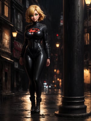 ((full body):1.5) ((1 woman):1.2): wearing black superhero costume with blank parts, extremely tight on the body, extremely large and firm breasts, very short blonde hair, green eyes, looking at the spectator, smiling, sexual possessions, leaning against a light pole, macabre city, night, heavy rain,((bandits around):1.2). 16k, high quality, high details, UHD, 