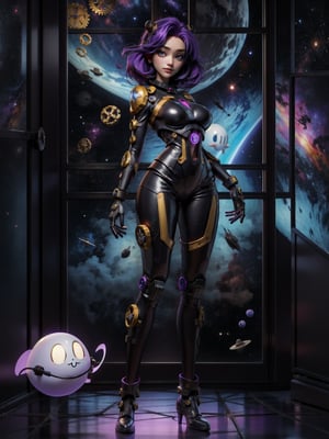((full body, standing):1.5), {((1 woman))}, {((wearing black futuristic costume with blank parts and gears and mechanical parts, extremely tight and tight on the body, showing her curvatures)), ((extremely big breasts)), ((very short purple hair, blue eyes)) looking at viewer, smiling, very happy, ((exhibitionist pose leaning back)), ((in ghost spaceship, all destroyed, old equipment, spider webs, lots of dirt, window showing outer space))}, 16k, best quality, best resolution, best sharpness, ultra detailed,jolynejojo