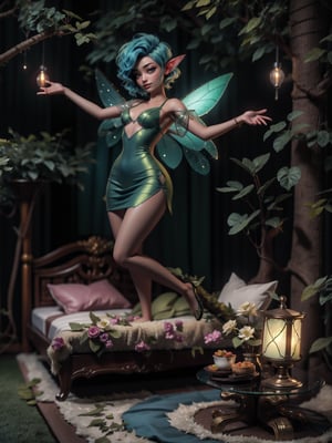 {((1 fairy woman))}, only she is {((wearing an extremely short and tight body dress made of green tree leaves extremely transparent, has extremely transparent and beautiful wings)), she has ((extremely gigantic breasts)), only she has ((very short bright blue hair, green eyes)), ((pose, erotic)), only she is smiling and staring at the viewer, ((in a house on a tree trunk, furniture , bed, luminous fairies, miniature objects))}, ((full body):1.5), 16k, best quality, best resolution, best sharpness,