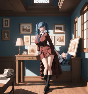 A 16K ultra-detailed masterpiece in realistic and adventure styles, rendered in ultra-high resolution with graphic details. | Aya, a 23-year-old young woman with enormous breasts, wearing a school uniform including a plaid skirt, a white blouse, knee-high socks, black shoes, and a tie. Long blue hair with two pigtails secured with metallic clips. Red eyes, looking at the viewer, smiling and showing teeth, wearing red lipstick and rosy cheeks. Located in a room with walls decorated with posters, an unmade bed, a study table with books and notebooks, and personal items scattered around. Natural light from the window illuminates the scene, highlighting the typical disorder of a gothic room. | The image emphasizes Aya's imposing figure and the architectural elements of the room. The rocky, wooden, and marble structures, along with the young woman, the bed, the study table, the posters, and the personal items, create a frightening and seductive atmosphere. The natural light from the window creates dramatic shadows and highlights the details of the scene. | Soft and somber lighting effects create a relaxing and mysterious atmosphere, while rough and detailed textures in the structures and the outfit add realism to the image. | A relaxing and terrifying scene of a young woman in a gothic room, blending elements of macabre art and fantasy. | (((The image reveals a full-body shot as Aya assumes a sensual pose, engagingly leaning against a structure within the scene in an exciting manner. She takes on a sensual pose as she interacts, boldly leaning on a structure, leaning back and boldly throwing herself onto the structure, reclining back in an exhilarating way.))). | (((full-body shot))), perfect pose++, perfect arms++, perfect limbs++, perfect fingers++, better hands++, perfect hands++, hands++, perfect legs++, perfect feet++, Aya has perfect breasts++, firm breasts++, saggy breasts++, huge breasts++, perfect composition++, correct imperfections++, Enhance++, More detail++, poakl++