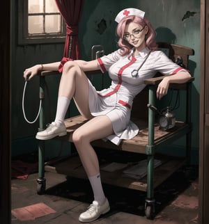 An ultra-detailed 16K masterpiece featuring gothic, horror and medical styles, rendered in ultra-high resolution with realistic details. | Maria, a young 23-year-old woman, dressed in a white nurse's outfit with red details, consisting of a white blouse with buttons, a white skirt and white shoes. Her short, curly pink hair is slicked back with a white headband. ((His green eyes look at the viewer, smiling and showing his white teeth, wearing prescription glasses)). It is located in a macabre and dark hospital, with destroyed marble structures, wooden structures, old and dirty medical equipment, and broken monitoring devices. The dim, yellow light illuminates the place, creating eerie shadows on the walls and floor. | The image highlights Maria's professional and caring figure and the frightening elements of the hospital. The destroyed marble structures, wooden structures, old and dirty medical equipment, broken monitoring devices, along with the nurse, create a scary and medical environment. Dim, yellow lighting highlights details in the scene and creates eerie shadows. | Dark, dramatic lighting effects create a tense and frightening atmosphere, while rough, detailed textures on structures and costume add realism to the image. | A gothic, horror and medical scene of a young nurse in a macabre hospital, fusing elements of gothic, horror and medical art. | (((The image reveals a full-body shot as Maria assumes a relaxed pose, engagingly leaning against a structure within the scene in an exciting manner. She takes on a relaxed pose as she interacts, boldly leaning on a structure, leaning back and boldly throwing herself onto the structure, reclining back in an exhilarating way.))). | ((((full-body shot)))), ((perfect pose, perfect body):1.2), ((perfect arms):1.2), ((perfect limbs, perfect fingers, better hands, perfect hands, hands)), ((perfect legs, perfect feet):1.2), ((perfect design)), ((perfect composition)), ((very detailed scene, very detailed background, perfect layout, correct imperfections)), Enhance, Ultra details++, More Detail, poakl