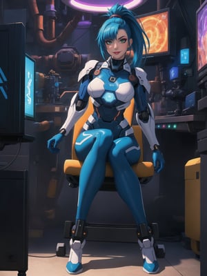 A woman is wearing a white mecha suit with blue parts. The suit has circular neon lights attached in various areas, and it fits tightly on her body. Her breasts are very large. She has blue hair, short, mohawk style, with a ponytail and a large fringe in front of her eyes. She is looking at the viewer. The scene takes place in a laboratory with many machines. There is a table with alchemy equipment, a computer, a plasma TV, a chair, and robots. ((She strikes a sensual pose, interacting with any object or item, leaning, resting and leaning against it)) + (((full body))), 8k, best possible quality, ultra detailed, best possible resolution, Unreal Engine 5, professional photography, perfect hand, fingers, hand, perfect