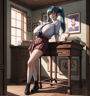 A 16K ultra-detailed masterpiece in realistic and adventure styles, rendered in ultra-high resolution with graphic details. | Aya, a 23-year-old young woman with enormous breasts, wearing a school uniform including a plaid skirt, a white blouse, knee-high socks, black shoes, and a tie. Long blue hair with two pigtails secured with metallic clips. Red eyes, looking at the viewer, smiling and showing teeth, wearing red lipstick and rosy cheeks. Located in a room with walls decorated with posters, an unmade bed, a study table with books and notebooks, and personal items scattered around. Natural light from the window illuminates the scene, highlighting the typical disorder of a gothic room. | The image emphasizes Aya's imposing figure and the architectural elements of the room. The rocky, wooden, and marble structures, along with the young woman, the bed, the study table, the posters, and the personal items, create a frightening and seductive atmosphere. The natural light from the window creates dramatic shadows and highlights the details of the scene. | Soft and somber lighting effects create a relaxing and mysterious atmosphere, while rough and detailed textures in the structures and the outfit add realism to the image. | A relaxing and terrifying scene of a young woman in a gothic room, blending elements of macabre art and fantasy. | (((The image reveals a full-body shot as Aya assumes a sensual pose, engagingly leaning against a structure within the scene in an exciting manner. She takes on a sensual pose as she interacts, boldly leaning on a structure, leaning back and boldly throwing herself onto the structure, reclining back in an exhilarating way.))). | (((full-body shot))), perfect pose++, perfect arms++, perfect limbs++, perfect fingers++, better hands++, perfect hands++, hands++, perfect legs++, perfect feet++, Aya has perfect breasts++, firm breasts++, saggy breasts++, huge breasts++, perfect composition++, correct imperfections++, Enhance++, More detail++, poakl++