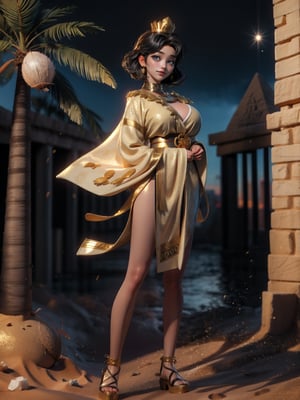 ((full body, standing):1.5), {((1 woman))}, {((fully swaddled body with white bands, in black Egyptian clothing with golden parts)), ((extremely big breasts)), ((very short black hair with gold crown and gynetia, blue eyes)) looking at the viewer, smiling, very happy, ((exhibitionist pose leaning against)), ((in front of a pyramid, entrance, statues, sand, sand wind, coconut trees , it's daylight, strong sun))}, 16k, best quality, best resolution, best sharpness, ultra detailed