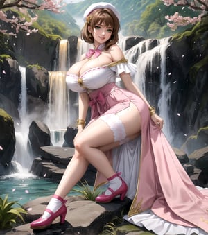 Masterpiece in maximum 16K resolution, in a style inspired by the anime Sakura_Card_Captor. | Sakura_Kinomoto, now 30 years old, displays all her maturity and magical power in a stunning all-white mage outfit adorned with pink details. Her short accordion skirt, white stockings with pink bands, and pink shoes complement the harmony of the look. We cannot help but highlight her gigantic_breasts, which are an intrinsic part of her unique beauty. | The scene unfolds in an ancient temple near a majestic waterfall, featuring white marble structures, altars with ancient writings, and a variety of spirit animals. Sakura is looking directly at the viewer, her green eyes radiating confidence as she offers a captivating smile. Her short brown hair with a large fringe in front of her right eye adds a contemporary touch to her image. The white beret with a pink band and golden accessories, including a golden star in the center, further enhances her magical presence. | The visual composition highlights the magic in the air, with appropriate lighting emphasizing the details of the outfit and the enchanted environment. | Sakura Kinomoto, at 30 years old, in a mage outfit inspired by Card Captor Sakura, displaying her huge breasts in a mystical setting of an ancient temple next to a waterfall. | {The camera is positioned very close to her, revealing her entire body as she adopts a sensualc_pose, interacting with and leaning on a structure in the scene in an exciting way.} | She is adopting a (((sensualc_pose as interacts, boldly leaning on a structure, leaning back in an exciting way))), ((sensualc_pose):1.3), ((perfect_pose)), ((perfect_pose):1.5), (((full body))), ((well_defined_face, ultra_detailed_face, well_defined_eyes, ultra_detailed_eyes)), ((perfect_finger, perfect_hand)), (better_hands), huge breasts, ((More Detail)),