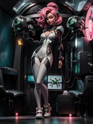 {((1woman))}, only she is {((wearing white mechanical suit with extremely tight and transparent black mechanical parts on her body)), she has ((extremely gigantic breasts)), only she has ((very pink hair short, green eyes)), ((erotic pose)), only she is smiling and staring at the viewer, ((in a spaceship near the sun, window, teleport, robots in the background, equipment, machines on the walls))}, ((full body):1.5), 16k, best quality, best resolution, best sharpness,TinkerWaifu