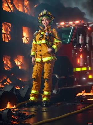((Full body):2) {((Only one woman):2)}; {Only one woman}:{((She is wearing a yellow firefighter outfit with extremely tight neon stripes around her body, with a firefighter hat):1.5), She has ((extremely large breasts):1.5), She has (( very short green hair and sparkling green eyes):1.5), She is ((looking at the viewer, smiling):1.5), She is wearing ((clothes all wet with water making it transparent):1.5), She is doing ((erotic pose for viewer):1.5)}; {Background:((She's in a burning building, there's a fire truck behind her putting out the fire):1.5)}, Hyperrealism, 16k, ((best quality, high details):1.4), anatomically correct, UHD , masterpiece, ambient lighting