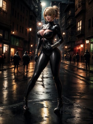 ((full body):1.5) ((1 woman):1.2): wearing black superhero costume with blank parts, extremely tight on the body, extremely large and firm breasts, very short blonde hair, green eyes, looking at the spectator, smiling, sexual possessions, leaning against a light pole, macabre city, night, heavy rain,((bandits around):1.2). 16k, high quality, high details, UHD, 