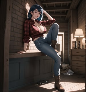 An ultra-detailed 4K masterpiece with industrial and horror styles, rendered in ultra-high resolution with realistic graphical details. | Naiya, a young 23-year-old woman with huge breasts, is dressed in a construction worker's outfit, consisting of a red and black plaid shirt, tight jeans, black work boots, and a yellow hard hat. She is also wearing brown leather gloves, silver heart earrings, and a black leather bracelet. Her blue hair is long and straight, falling over her shoulders in a half-up hairstyle. ((She has red eyes, which are looking straight at the viewer with a seductive smile, showing her shiny white teeth)). It is located in a house under construction, with rubble and bricks scattered across the floor. The place is dark and poorly lit, with lamps scattered across the floor. The rock and wooden structures are under construction, creating an industrial and uncomfortable atmosphere. | The image highlights Naiya's sensual figure and the architectural elements of the house under construction. The rock and wooden structures under construction, along with the rubble and lamps, create an industrial and horror atmosphere. Dim, intermittent lights illuminate the scene, creating eerie shadows and highlighting the details of the scene. | Soft, shadowy lighting effects create a tense, fear-filled atmosphere, while detailed textures on skin and clothing add realism to the image. | A frightening and seductive scene of a young woman dressed as a construction worker in a house under construction, exploring themes of industrial, horror, fear and seduction. | (((The image reveals a full-body shot as Naiya assumes a sensual pose, engagingly leaning against a structure within the scene in an exciting manner. She takes on a sensual pose as she interacts, boldly leaning on a structure, leaning back and boldly throwing herself onto the structure, reclining back in an exhilarating way.))). | ((((full-body shot)))), ((perfect pose)), ((perfect arms):1.2), ((perfect limbs, perfect fingers, better hands, perfect hands, hands)), ((perfect legs, perfect feet):1.2), Naiya has (((huge breasts))), ((perfect design)), ((perfect composition)), ((very detailed scene, very detailed background, perfect layout, correct imperfections)), Enhance, Ultra details, More Detail, ((poakl))