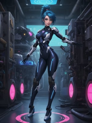 A woman is wearing a white mecha suit with blue parts. The suit has circular neon lights attached in various areas, and it fits tightly on her body. Her breasts are very large. She has blue hair, short, mohawk style, with a ponytail and a large fringe in front of her eyes. She is looking at the viewer. The scene takes place in a laboratory with many machines. There is a table with alchemy equipment, a computer, a plasma TV, a chair, and robots. ((She strikes a sensual pose, interacting with any object or item, leaning, resting and leaning against it)) + (full body:1.5), 8k, best possible quality, ultra detailed, best possible resolution, Unreal Engine 5, professional photography, perfect hand, fingers, hand, perfect