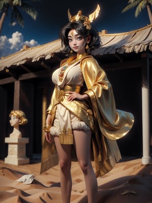 ((whole body, standing):1.5), {((1 woman))}, {((fully swaddled body with white bands, in black Egyptian clothing with golden parts)), ((extremely big breasts)), ((very short black hair with gold crown and gynetia, blue eyes)) looking at the viewer, smiling, very happy, ((exhibitionist pose leaning against)), ((in front of a pyramid, entrance, statues, sand, sand wind, coconut trees , it's daylight, strong sun))}, 16k, best quality, best resolution, best sharpness, ultra detailed