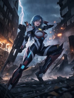 Impeccable 8K resolution, ultra-detailed. In a fusion style of mecha and CGI anime, with traits reminiscent of futuristic aesthetics. | Amidst the destruction of a city at night, under heavy rain, a 30-year-old woman, clad in a white mecha suit with blue details and golden neon lights, displays an intense expression of hatred and fury. Her voluminous bust and spiky blue hair, with a fringe covering part of her right eye, add a distinctive touch to her presence. She stares directly at the viewer, emanating a blue magical aura with pulsating thunder around her. | The composition highlights the character in the foreground, while massive debris from destroyed buildings and wreckage of machines fill the scene. The dynamic angle emphasizes the strength and determination of the woman amidst the chaos. | Effects like dramatic lighting, intense rain, and thunder flashes create an electrifying atmosphere. The intensity of the magical aura adds a supernatural touch to the scene, heightening the character's sense of power. | A commanding woman in a white mecha suit, expressing anger and determination amid the destruction of a city at night under heavy rain. She ((interacting and leaning on anything, very large structure+object, leaning against, sensual pose):1.2), ((Full body image)), better_hands, More Detail