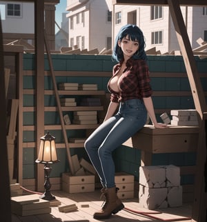 An ultra-detailed 4K masterpiece with industrial and horror styles, rendered in ultra-high resolution with realistic graphical details. | Naiya, a young 23-year-old woman with huge breasts, is dressed in a construction worker's outfit, consisting of a red and black plaid shirt, tight jeans, black work boots, and a yellow hard hat. She is also wearing brown leather gloves, silver heart earrings, and a black leather bracelet. Her blue hair is long and straight, falling over her shoulders in a half-up hairstyle. ((She has red eyes, which are looking straight at the viewer with a seductive smile, showing her shiny white teeth)). It is located in a house under construction, with rubble and bricks scattered across the floor. The place is dark and poorly lit, with lamps scattered across the floor. The rock and wooden structures are under construction, creating an industrial and uncomfortable atmosphere. | The image highlights Naiya's sensual figure and the architectural elements of the house under construction. The rock and wooden structures under construction, along with the rubble and lamps, create an industrial and horror atmosphere. Dim, intermittent lights illuminate the scene, creating eerie shadows and highlighting the details of the scene. | Soft, shadowy lighting effects create a tense, fear-filled atmosphere, while detailed textures on skin and clothing add realism to the image. | A frightening and seductive scene of a young woman dressed as a construction worker in a house under construction, exploring themes of industrial, horror, fear and seduction. | (((The image reveals a full-body shot as Naiya assumes a sensual pose, engagingly leaning against a structure within the scene in an exciting manner. She takes on a sensual pose as she interacts, boldly leaning on a structure, leaning back and boldly throwing herself onto the structure, reclining back in an exhilarating way.))). | ((((full-body shot)))), ((perfect pose)), ((perfect arms):1.2), ((perfect limbs, perfect fingers, better hands, perfect hands, hands)), ((perfect legs, perfect feet):1.2), Naiya has (((huge breasts))), ((perfect design)), ((perfect composition)), ((very detailed scene, very detailed background, perfect layout, correct imperfections)), Enhance, Ultra details, More Detail, ((poakl))