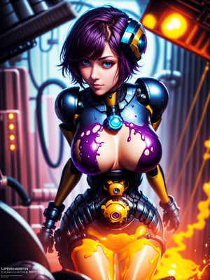 {((1woman))}, only she is {((black mecha suit with blank parts, gears, cybernetic parts)), only she has ((giant breasts)), ((exhibition pose, short purple hair, blue eyes)), staring at the viewer, smiling, ((alien cave, goo on the walls, equipment with pipes and lights, several gooey monsters, behind, in the background))}, ((full body):1.5), (Super Metroid),16k, best quality, best resolution, best sharpness,