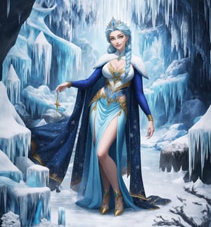 A masterpiece of digital art in the style of fantasy, magic, adventure, cold, and winter, rendered in ultra-high resolution with graphic details. | A 22-year-old woman named Elsa, wearing an ice sorceress costume in the color white with light blue and dark blue details. The costume has a long and flowing skirt, a blouse with long sleeves and a high collar, and a light blue tulle cape. She also wears a silver tiara with a blue stone in the center, silver earrings with snowflake-shaped pendants, silver bracelets on her hands, and a silver ring with a small diamond on her left hand. She has blue hair, short and messy, with a larger strand on the left side. Her green eyes are looking at the viewer, smiling, showing her white teeth and lips painted in light blue. The scene takes place in a frozen cave, with a rocky and white marble marble structure covered in ice, ice stalactites and stalagmites, an ice altar in the center, an ice pillar spread throughout the place, and ice sculptures and statues of mythical creatures. | The image highlights Elsa's imposing figure, with her light blue and dark blue details contrasting with the white of the costume and the cave. The details of the tiara, earrings, bracelets, and ring add a touch of elegance and sophistication to her appearance. Elsa's green eyes and her bright, smiling smile and light blue lips add a touch of life and color to the scene. The frozen cave is a magical and enchanted environment, with the rocky and white marble structures covered in ice, the ice stalactites and stalagmites, and the ice sculptures and statues of mythical creatures creating an atmosphere of fantasy and adventure. | Soft and cold lighting effects create a magical and enchanted atmosphere, while detailed textures on Elsa's costume, tiara, earrings, bracelets, ring, and the frozen cave add realism to the image. | A magical and enchanted scene of Elsa, an ice sorceress, in a frozen cave, exploring themes of fantasy, magic, and adventure. | (((((The image reveals a full-body shot as she assumes a sensual pose, engagingly leaning against a structure within the scene in an exciting manner. She takes on a sensual pose as she interacts, boldly leaning on a structure, leaning back in an exciting way)))))). | ((perfect body)), ((perfect pose)), ((full-body shot)), ((perfect fingers, better hands, perfect hands)), ((perfect legs, perfect feet)), (((huge_breasts, big_natural_breasts, sagging_breasts))), ((perfect design)), ((perfect composition)), ((very detailed scene, very detailed background, perfect layout, correct imperfections)), ((More Detail, Enhance)),