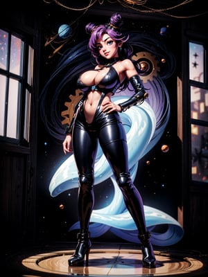 ((full body, standing):1.5), {((1 woman))}, {((wearing black futuristic costume with blank parts and gears and mechanical parts, extremely tight and tight on the body, showing her curvatures)), ((extremely big breasts)), ((very short purple hair, blue eyes)) looking at viewer, smiling, very happy, ((exhibitionist pose leaning back)), ((in ghost spaceship, all destroyed, old equipment, spider webs, lots of dirt, window showing outer space))}, 16k, best quality, best resolution, best sharpness, ultra detailed,jolynejojo