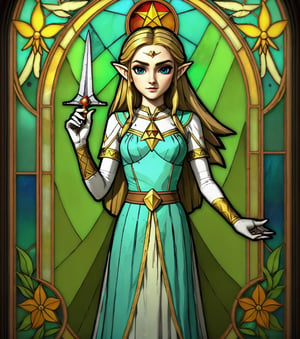 Masterpiece in 8K resolution, inspired by the Art Nouveau style, depicting a majestic stained glass window featuring Princess Zelda and Link in an epic Hyrulean setting. | The stained glass intricately details the elegance of Princess Zelda and the determination of Link, both in expressive and dynamic poses. The soft sunlight permeates through the vibrant colors of the stained glass, creating a magical atmosphere. Zelda gracefully holds the Triforce symbol, while Link wields the legendary Master Sword. | The composition is carefully crafted, placing the characters at the center of the stained glass, surrounded by iconic elements of Hyrule such as Hyrule Castle, Kokiri Forest, and Hyrule Plains. Atmospheric perspective emphasizes the vastness of the kingdom, providing a sense of grandeur and adventure. | Light and shadow effects accentuate the contours of the characters and the elements of the scenery, giving a three-dimensional feel to the stained glass. The fusion of warm and cool tones creates a fascinating visual contrast. | A magnificent stained glass portraying Princess Zelda and Link in dynamic poses, immersed in the magical realm of Hyrule. | {The camera is positioned from a distance, capturing the entire stained glass in its breathtaking glory, revealing the intricate details and vibrant colors that bring Zelda and Link to life in the masterpiece.} | It is adopting (((dynamic_pose as interacts, with Zelda gracefully holding the Triforce symbol and Link wielding the Master Sword))), ((dynamic_pose):1.3), ((perfect_pose)), ((perfect_pose):1.5), (((full body))), ((well_defined_face, ultra_detailed_face, well_defined_eyes, ultra_detailed_eyes)), ((perfect_finger, perfect_hand)), ((More Detail)), magical_atmosphere, vibrant_colors, disney pixar style,rivghn
