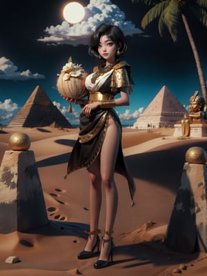 ((full body, standing):1.5), {((1woman))}, {((body completely swaddled with white bands, in black Egyptian clothing with gold parts)), ((extremely large breasts)), ((very short black hair, blue eyes)) looking at the viewer, smiling, very happy, ((exhibitionist pose leaning against it)), ((in front of a pyramid, entrance, statues, sand, sand wind, coconut trees, it's daylight, strong sun))}, 16k, best quality, best resolution, best sharpness, ultra detailed