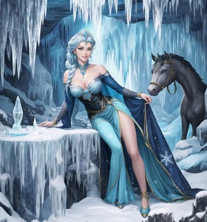 A masterpiece of digital art in the style of fantasy, magic, adventure, cold, and winter, rendered in ultra-high resolution with graphic details. | A 22-year-old woman named Elsa, wearing an ice sorceress costume in the color white with light blue and dark blue details. The costume has a long and flowing skirt, a blouse with long sleeves and a high collar, and a light blue tulle cape. She also wears a silver tiara with a blue stone in the center, silver earrings with snowflake-shaped pendants, silver bracelets on her hands, and a silver ring with a small diamond on her left hand. She has blue hair, short and messy, with a larger strand on the left side. Her green eyes are looking at the viewer, smiling, showing her white teeth and lips painted in light blue. The scene takes place in a frozen cave, with a rocky and white marble marble structure covered in ice, ice stalactites and stalagmites, an ice altar in the center, an ice pillar spread throughout the place, and ice sculptures and statues of mythical creatures. | The image highlights Elsa's imposing figure, with her light blue and dark blue details contrasting with the white of the costume and the cave. The details of the tiara, earrings, bracelets, and ring add a touch of elegance and sophistication to her appearance. Elsa's green eyes and her bright, smiling smile and light blue lips add a touch of life and color to the scene. The frozen cave is a magical and enchanted environment, with the rocky and white marble structures covered in ice, the ice stalactites and stalagmites, and the ice sculptures and statues of mythical creatures creating an atmosphere of fantasy and adventure. | Soft and cold lighting effects create a magical and enchanted atmosphere, while detailed textures on Elsa's costume, tiara, earrings, bracelets, ring, and the frozen cave add realism to the image. | A magical and enchanted scene of Elsa, an ice sorceress, in a frozen cave, exploring themes of fantasy, magic, and adventure. | (((((The image reveals a full-body shot as she assumes a sensual pose, engagingly leaning against a structure within the scene in an exciting manner. She takes on a sensual pose as she interacts, boldly leaning on a structure, leaning back in an exciting way)))))). | ((perfect body)), ((perfect pose)), ((full-body shot)), ((perfect fingers, better hands, perfect hands)), ((perfect legs, perfect feet)), (((huge_breasts, big_natural_breasts, sagging_breasts))), ((perfect design)), ((perfect composition)), ((very detailed scene, very detailed background, perfect layout, correct imperfections)), ((More Detail, Enhance)),