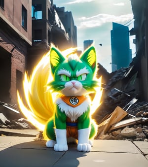 Masterpiece in 4K resolution, combining elements of anime style with a fusion of the dynamic energy from Dragon Ball. | In a devastated city, a standout figure emerges – an adorable cat transformed into a Super Saiyan. Its green eyes glow with determination and innocence as it exudes a fierce aura, with long hair flowing in the wind. The surrounding city lies in ruins, with destroyed buildings and debris flying, reflecting the impact of the Super Saiyan cat's power. | The pose is one of battle, with the Super Saiyan cat adopting a powerful stance, front paws raised, and tail bristling, ready to face any challenge. Its innocent gaze contrasts with the intensity of the surrounding aura. | The composition highlights the cat in the center of the scene, with the destroyed city in the background, creating an epic and thrilling atmosphere. The dynamic perspective emphasizes the magnitude of the moment, while light effects accentuate the cat's transformation into a Super Saiyan. | An extraordinary scene capturing the adorableness of the cat, now infused with the fierce energy of a Super Saiyan, facing destruction in a determined fighting pose. | {The camera is positioned at a dynamic angle, capturing the full glory of the scene, showcasing the determination in the innocent eyes of the Super Saiyan cat, surrounded by the chaos of the destroyed city.} | It is adopting (((dynamic_pose as fights, with front paws raised and tail bristling))), ((dynamic_pose):1.3), ((intense_expression)), ((perfect_pose)), ((perfect_pose):1.5), (((full body))), ((well_defined_face, ultra_detailed_face, well_defined_eyes, ultra_detailed_eyes)), ((perfect_finger, perfect_hand)), ((More Detail)), powerful_aura, destroyed_city.