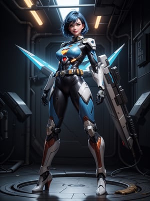 A woman, wearing mecha costume + Super Man costume, black costume with blue parts, belt suit, very large breasts, blue hair, short hair, punk hair, hair with bangs in front of the eyes, luminous helmet on the head, looking at the viewer, (((pose with interaction and leaning on [something|an object]))), in a cave with many machines, altars with ancient writing, robots, elevators, fully lit cave, ((full body):1.5), 16k, UHD, best possible quality, ultra detailed, best possible resolution, Unreal Engine 5, professional photography, well-detailed fingers, well-detailed hand, perfect_hands, ((mecha)) + ((super_man))