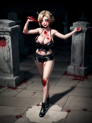 ((full body, standing):1.5), {((1 female Vampire))}, {((wearing extremely tight and short black maid outfit on the body, extremely tight and short white shorts, black pointy horns on the head)) , ((extremely gigantic and firm breasts)), ((short blond hair, blue eyes)), ((blood on body and floor):1.3), looking at viewer, maniacal smile, ((doing erotic pose, holding a whip)), ((in a ghoulish cemetery, raining heavily, lots of zombies, zombies coming out of the grave, zombies walking in the cemetery))}, 16k, high quality, high detail, UHD