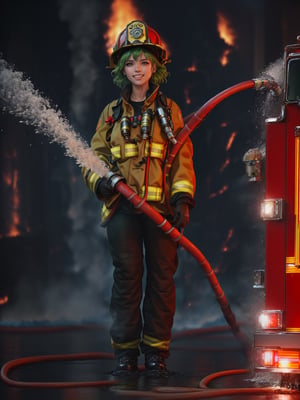 ((Full body):2) {((Only one woman):2)}; {Only one woman}:{((She is wearing an extremely tight firefighter suit, with a firefighter hat):1.5), She has ((very short green hair and sparkling green eyes):1.5), She is (( looking at the viewer, smiling):1.5), She is doing ((erotic pose for the viewer, while holding a fire hose):1.5)}; {Background:((She's in a burning building, putting out the fire with her hose that is gushing water):1.5)}, Hyperrealism, 16k, ((best quality, high details):1.4), anatomically correct , UHD, masterpiece, ambient lighting