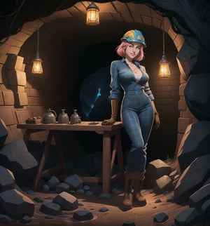 A masterpiece with graphic art from the game Warcraft in realistic, anime and cartoon style. | A beautiful 22-year-old woman, with short, messy pink hair, dirty with dirt, yellow eyes and large breasts, wears a mining outfit consisting of a yellow helmet with headlight, rust blue jumpsuit with long sleeves and legs, red framed shirt and white, dark blue plaid pants, tall brown leather work boots, brown leather gloves and a reflective strip on the left arm. She is smiling, showing her teeth, with her face covered in mud, looking directly at the viewer. | The composition of the scene is of a woman striking a sensual pose in a dimly lit underground coal mining cave, with oil lamps attached to the walls. On site, there are rock structures, a mining loading car, a workbench with pickaxes and helmets. | Dramatic lighting enhances the shadows and contrasts of the scene, creating a mysterious and sensual environment. The lighting effects of the oil lamps add texture and depth to the image. | A sexy female miner in a coal mining cave in realistic, anime and cartoon style. | (((((The image reveals a full-body_shot as she assumes a sensual_pose, engagingly leaning against a structure within the scene in an exciting manner. She takes on a sensual_pose as she interacts, boldly leaning on a structure, leaning back in an exciting way))))). | ((perfect_body)), ((perfect_pose)), ((full-body_shot)), ((perfect_fingers, better_hands, perfect_hands)), ((perfect_legs, perfect_feet)), ((huge_breasts, big_natural_breasts, sagging_breasts)), ((perfect_design)), ((perfect_composition)), ((very detailed scene, very detailed background, perfect_layout, correct_imperfections)), ((More Detail, Enhance))