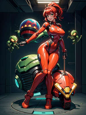 A woman, wearing a red mecha suit with green stripes, an extremely tight-fitting suit, monstrously gigantic breasts, red hair, very short hair, hair in a ponytail, bangs in front of her eyes, looking at the viewer, (((erotic pose interacting and leaning on an object))), in an alien laboratory, machines, robots, background with several machines and robots in a very large area, ((full body):1.5). 16k, UHD, best possible quality, ((best possible detail):1), best possible resolution, Unreal Engine 5, professional photography, ((Super Metroid)),