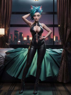 {((1 woman))}, ((feline ears, black naughty woman's costume with extremely tight white parts on the body and tight)), ((blue mohawk hair, sparkling green eyes)), ((has extremely large and firm breasts)), only she is ((looking at the viewer, manic smile, making erotic pose showing leaning)), ((in a hotel room, in front of the window, room with several people with different ethnicities,  in the middle of a party)), (((full body shot))), 16k, UHD, Better quality, better resolution, better detail